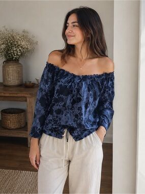 Grey Floral Off-the-Shoulder Blouse | Boho Peasant Top